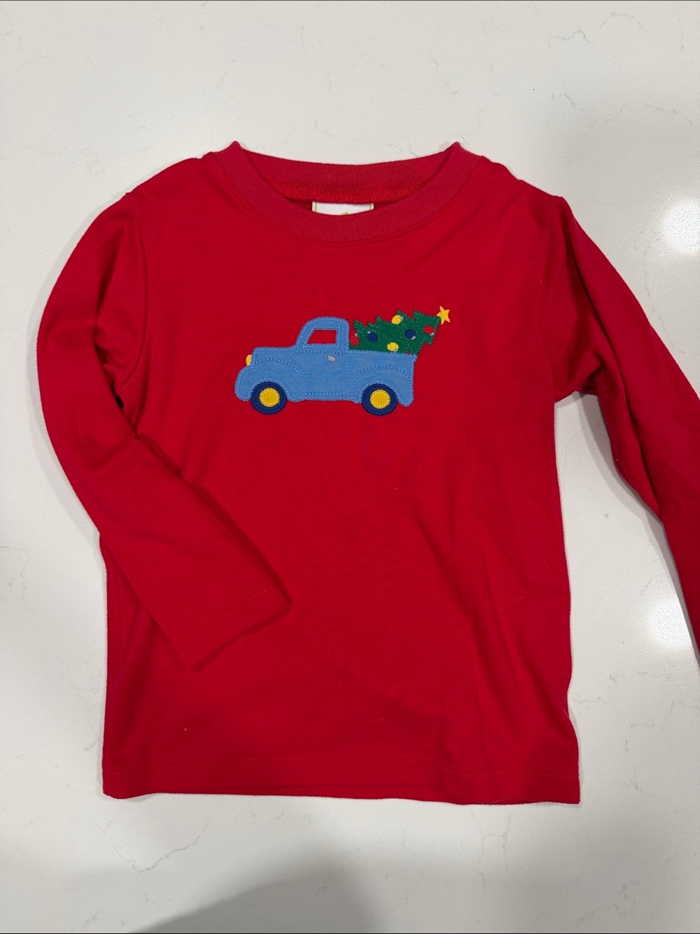 Red Long-Sleeve Kids Tee with Blue Truck & Tree Motif